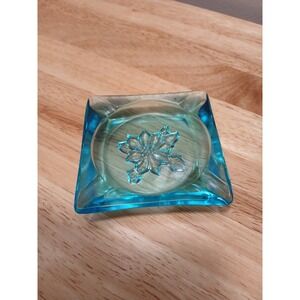 Vintage Hazel Atlas Glass Cobalt Blue Blossom 3-1/2" Square Ashtray MCM Clear